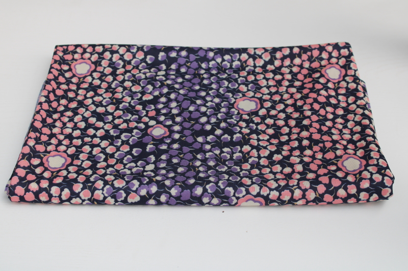photo of 1970s vintage polyester knit fabric, retro ditsy print pink lavender floral on navy blue #1