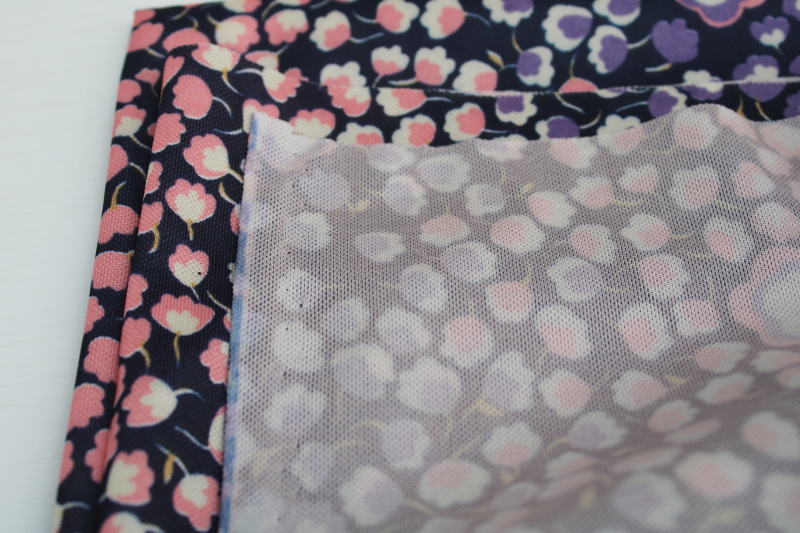 photo of 1970s vintage polyester knit fabric, retro ditsy print pink lavender floral on navy blue #2