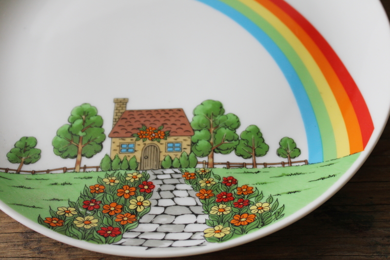 photo of 1970s vintage rainbow cottage plate, Enesco Japan ceramic decorative wall hanging  #3