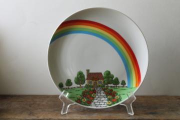 catalog photo of 1970s vintage rainbow cottage plate, Enesco Japan ceramic decorative wall hanging 