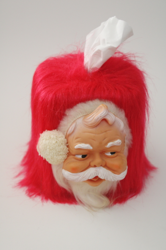 photo of 1970s vintage rubber face Santa kitschy Christmas tissue box, red fuzzy fake fur, so retro! #1