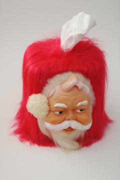 catalog photo of 1970s vintage rubber face Santa kitschy Christmas tissue box, red fuzzy fake fur, so retro!