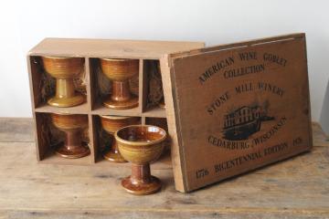 catalog photo of 1970s vintage stoneware pottery goblets, set of six wine glasses in original box Cedarburg Wisconsin 