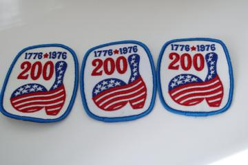 catalog photo of 1976 bicentennial bowling tournament badges, vintage red white blue embroidered sew on patches 