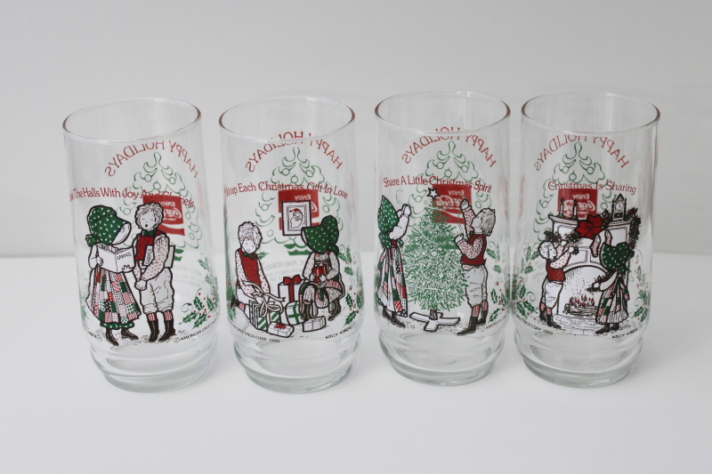 photo of 1980 Holly Hobbie & Robbie Christmas Coca Cola glasses full set of four tumblers #1