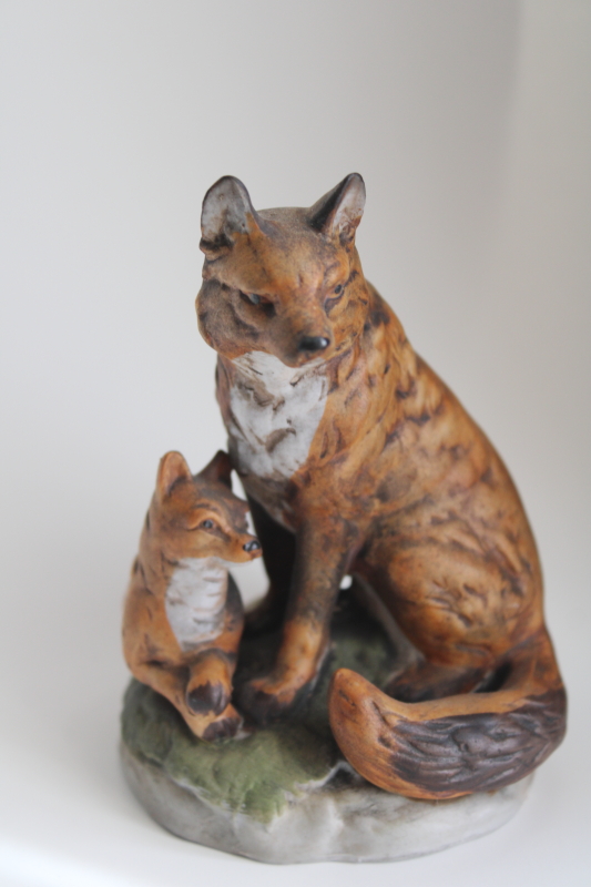 photo of 1980s 90s vintage bisque china red foxes, mother baby red fox figurine, woodland decor #1