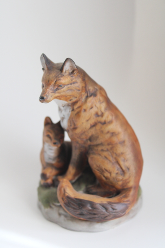 photo of 1980s 90s vintage bisque china red foxes, mother baby red fox figurine, woodland decor #2