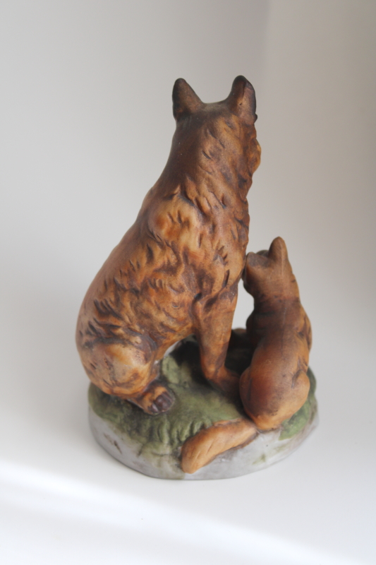 photo of 1980s 90s vintage bisque china red foxes, mother baby red fox figurine, woodland decor #3