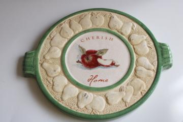 catalog photo of 1980s 90s vintage ceramic trivet Cherish Home motto with apples, country cottagecore 