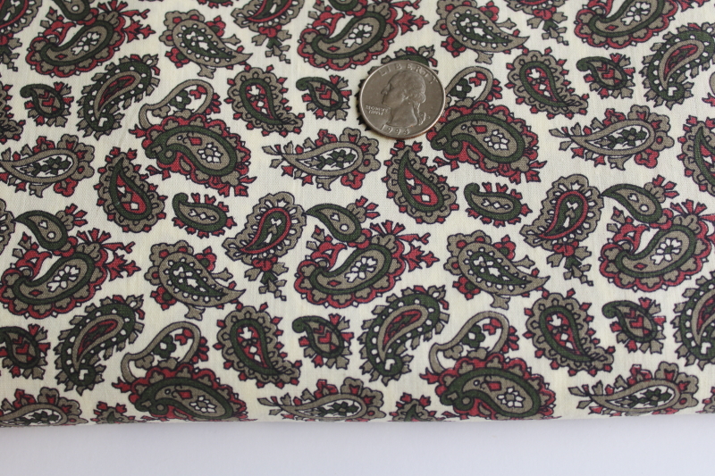 photo of 1980s 90s vintage cotton shirting fabric, paisley print dark green wine red on ivory  #2