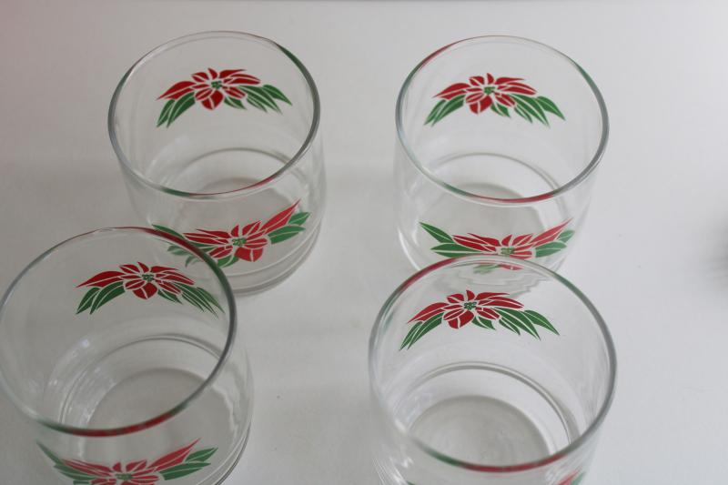 photo of 1980s vintage Christmas poinsettia red & green print lowball glasses, Indiana glass #3