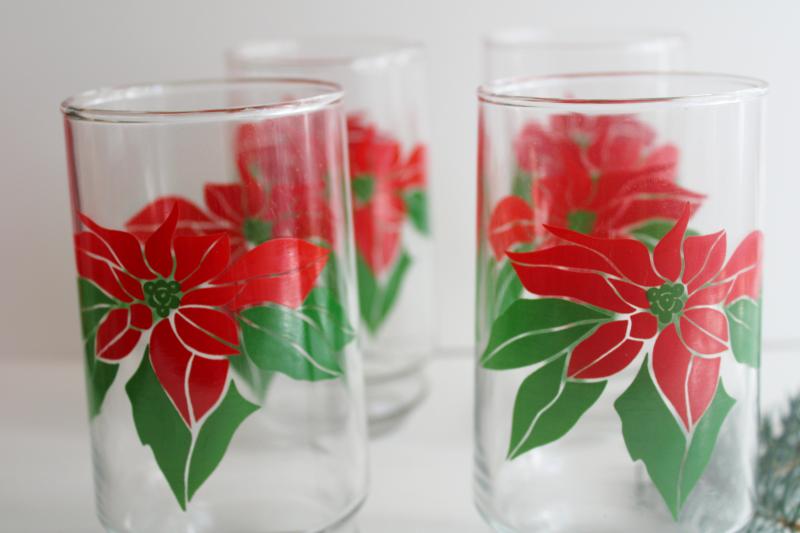 photo of 1980s vintage Christmas poinsettia red & green print tumblers, Indiana glass #2