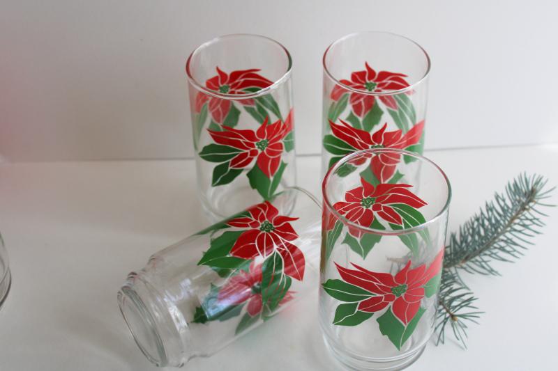 photo of 1980s vintage Christmas poinsettia red & green print tumblers, Indiana glass #3