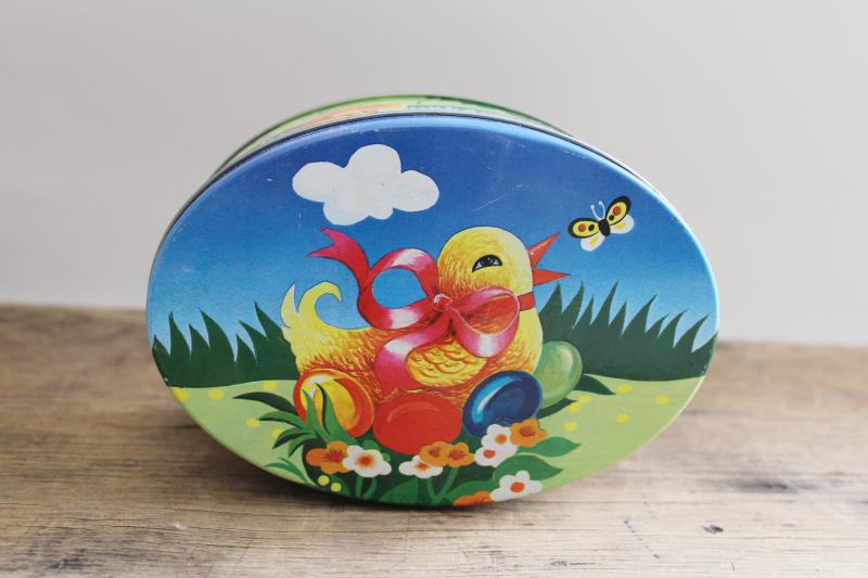 photo of 1980s vintage Easter candy box, metal tin w/ yellow chick & eggs print #1