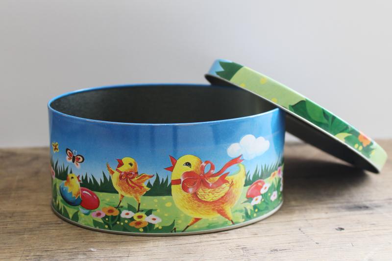 photo of 1980s vintage Easter candy box, metal tin w/ yellow chick & eggs print #2