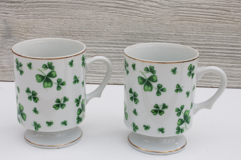 photo of 1980s vintage Lefton china coffee mugs, St Patricks day shamrock pattern Irish green clover #1