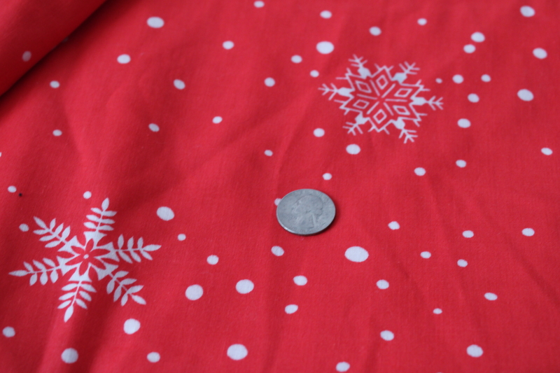 photo of 1980s vintage Springs cotton fabric, white snowflakes on red holiday season print  #5