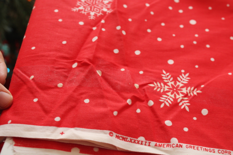 photo of 1980s vintage Springs cotton fabric, white snowflakes on red holiday season print  #7