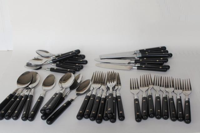 photo of 1980s vintage Taiwan stainless flatware, retro mod silverware w/ black plastic handles #1