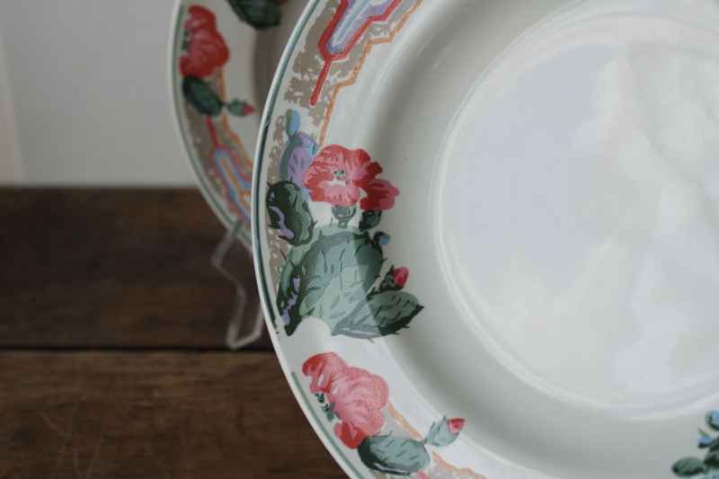 photo of 1980s vintage Tienshan stoneware plates, pink flowered cactus cacti border desert colors  #2
