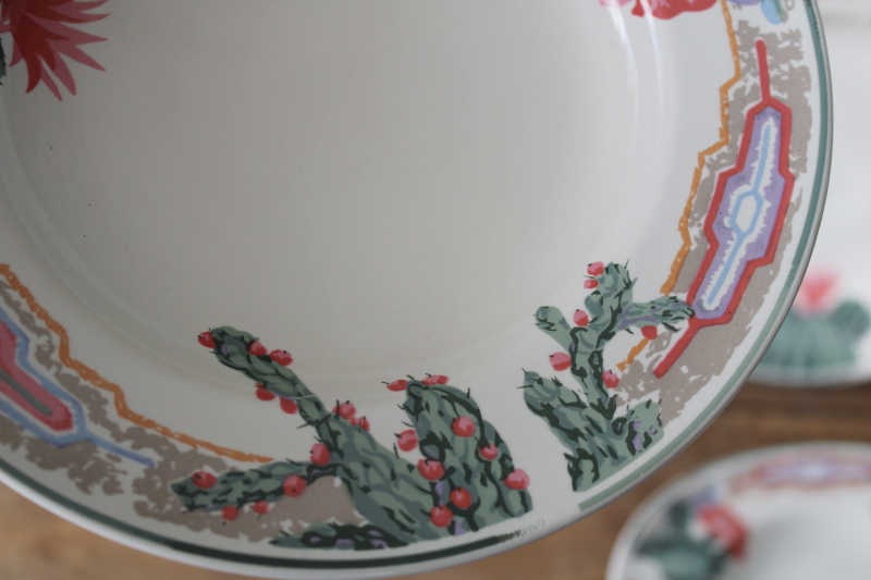 photo of 1980s vintage Tienshan stoneware plates, pink flowered cactus cacti border desert colors  #3