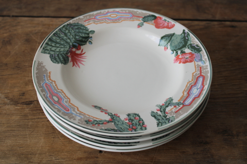 photo of 1980s vintage Tienshan stoneware plates, pink flowered cactus cacti border desert colors  #6