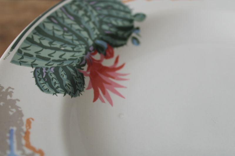 photo of 1980s vintage Tienshan stoneware plates, pink flowered cactus cacti border desert colors  #7