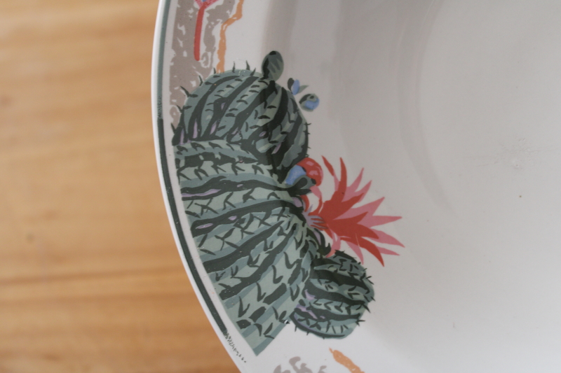 photo of 1980s vintage Tienshan stoneware soup bowls, pink flowered cactus cacti border desert colors  #2