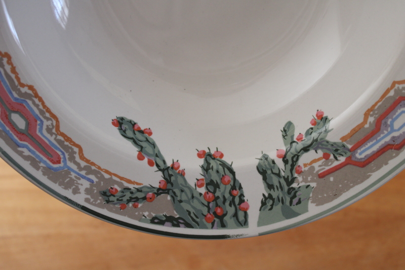photo of 1980s vintage Tienshan stoneware soup bowls, pink flowered cactus cacti border desert colors  #3