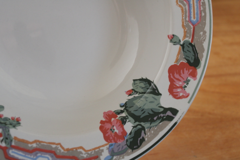 photo of 1980s vintage Tienshan stoneware soup bowls, pink flowered cactus cacti border desert colors  #4