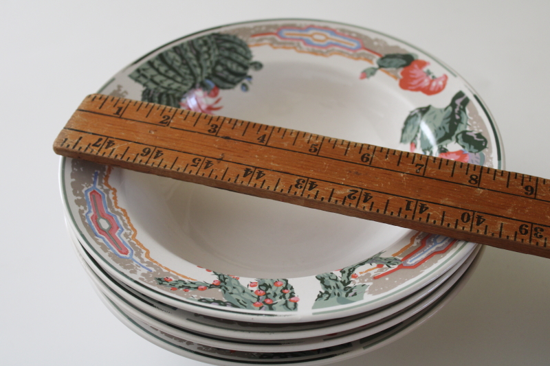 photo of 1980s vintage Tienshan stoneware soup bowls, pink flowered cactus cacti border desert colors  #7