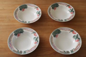 catalog photo of 1980s vintage Tienshan stoneware soup bowls, pink flowered cactus cacti border desert colors 