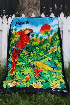 catalog photo of 1980s vintage beach blanket towel, never used Hawaii macaws parrot print vacation souvenir