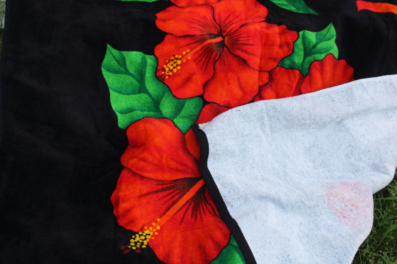 photo of 1980s vintage beach blanket towel, never used Hawaiian flowers print Hawaii souvenir #4