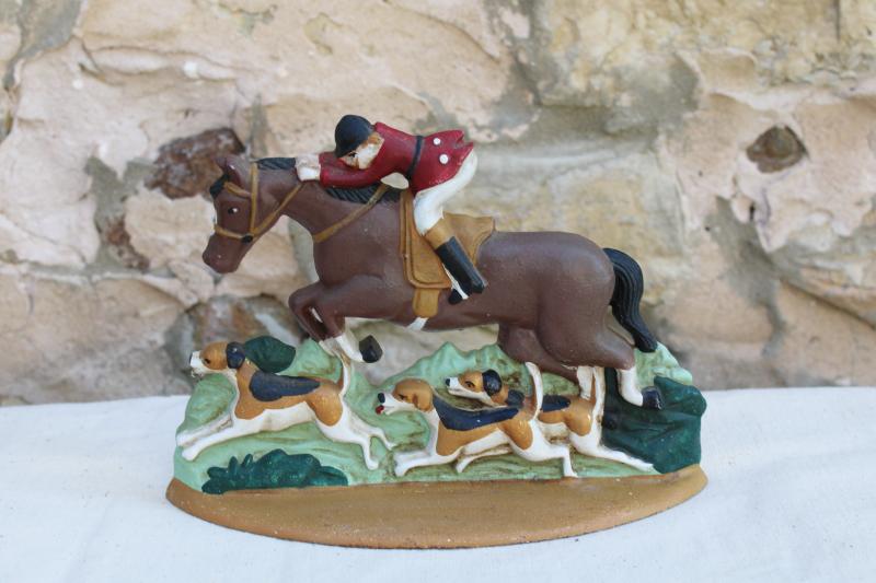 photo of 1980s vintage cast iron door stop, hunt scene hunter riding horse & hounds #1