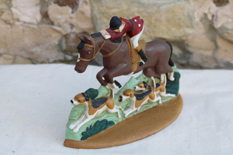 photo of 1980s vintage cast iron door stop, hunt scene hunter riding horse & hounds #2