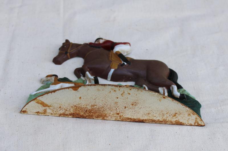 photo of 1980s vintage cast iron door stop, hunt scene hunter riding horse & hounds #4