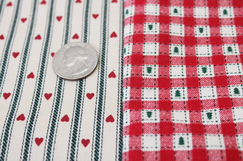 photo of 1980s vintage cotton fabric quilting prints tiny heart checks & pine trees prairie girl Christmas red & green  #4