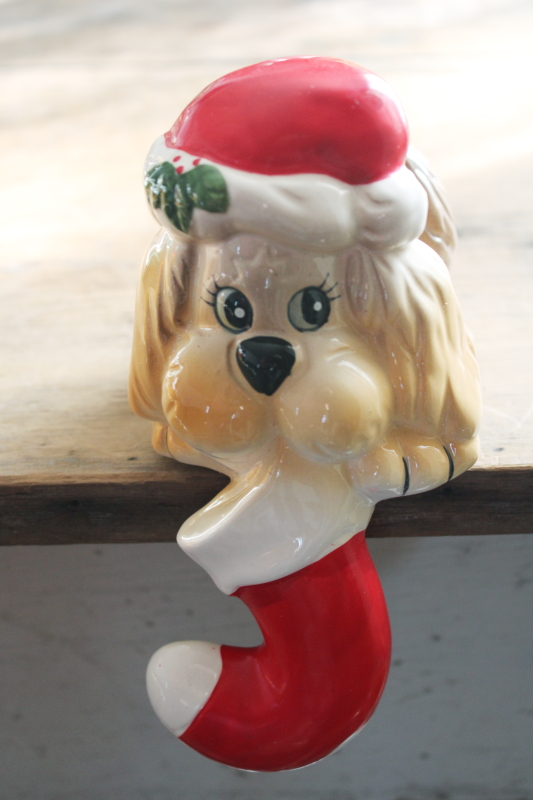 photo of 1980s vintage hand painted ceramic puppy dog Christmas stocking holder shelf sitter #1