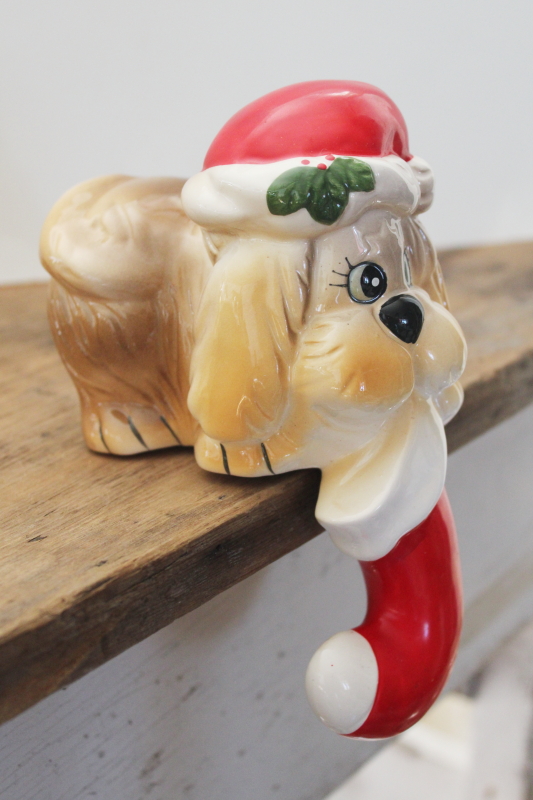 photo of 1980s vintage hand painted ceramic puppy dog Christmas stocking holder shelf sitter #2