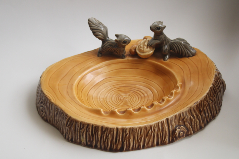 photo of 1980s vintage huge ceramic ashtray, log w/ tiny squirrels rustic cabin decor #1