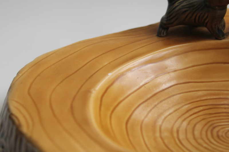 photo of 1980s vintage huge ceramic ashtray, log w/ tiny squirrels rustic cabin decor #4