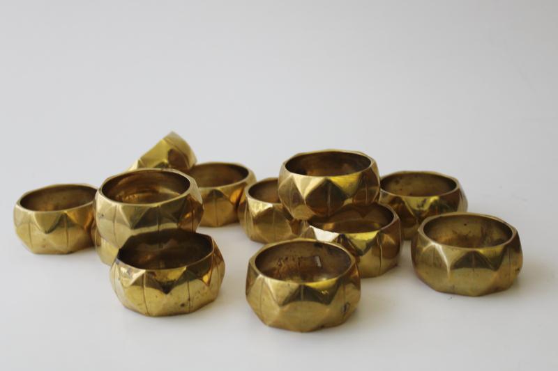 photo of 1980s vintage mod geometric napkin rings, heavy solid brass napkin holders set of 12 #1