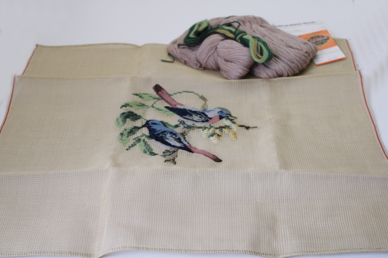 photo of 1980s vintage petit point birds needlepoint canvas panel w/ yarns, Berlin wool work #1