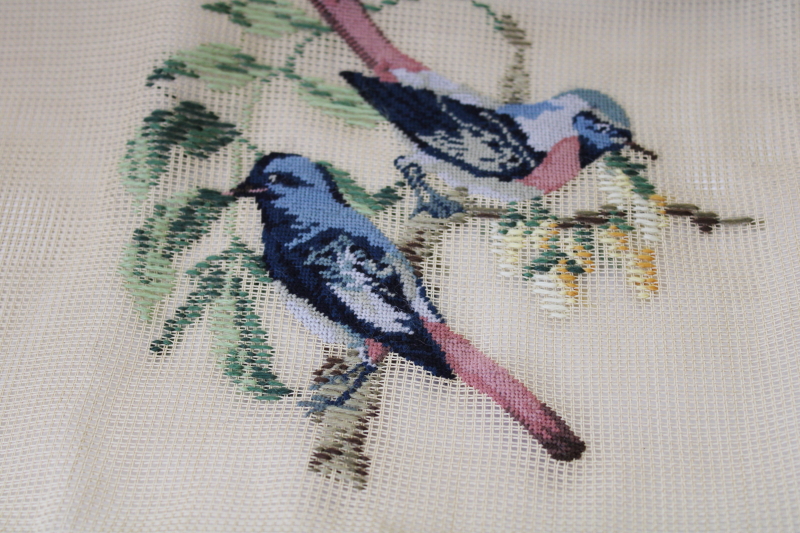 photo of 1980s vintage petit point birds needlepoint canvas panel w/ yarns, Berlin wool work #2