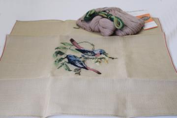 catalog photo of 1980s vintage petit point birds needlepoint canvas panel w/ yarns, Berlin wool work