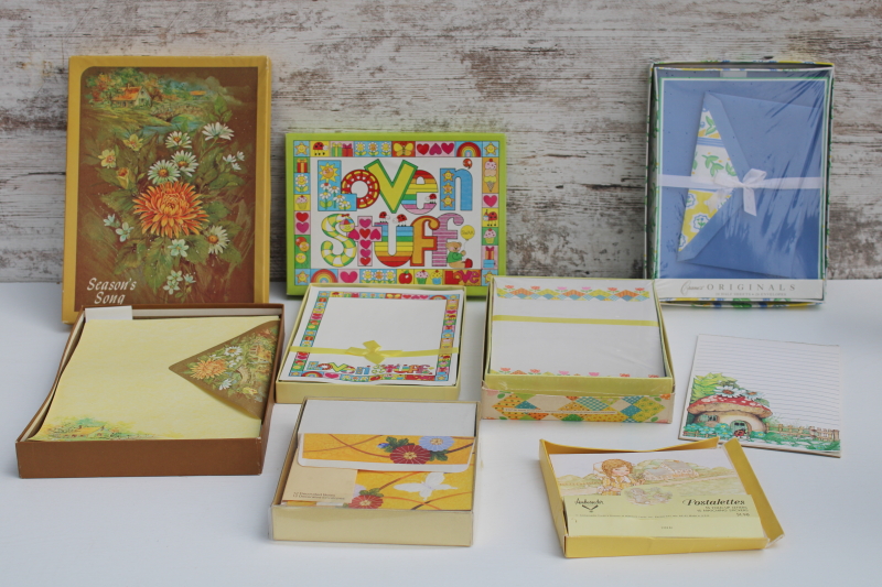 photo of 1980s vintage stationery lot, cards, letter paper w/ envelopes, cute retro print designs #1