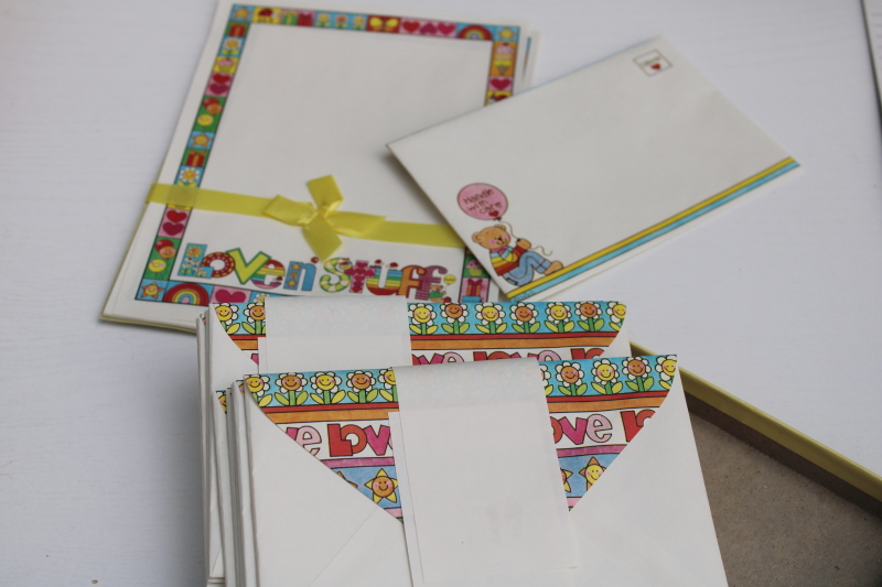 photo of 1980s vintage stationery lot, cards, letter paper w/ envelopes, cute retro print designs #11