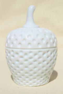 catalog photo of 1980s vintage strawberry jam pot, milk glass little white strawberry