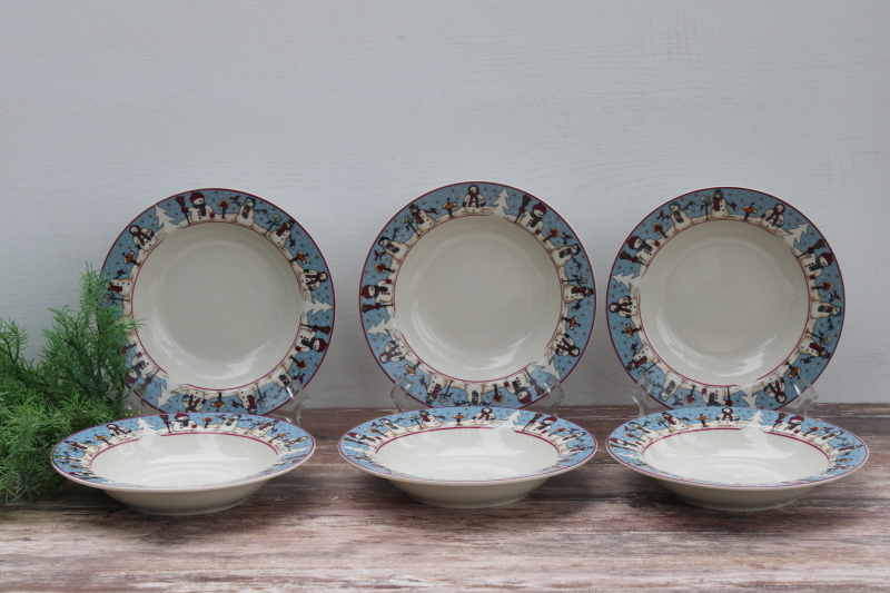 photo of 1980s vintage winter holiday ceramic dinnerware Snowman Serenade soup or pasta bowls set of six #1